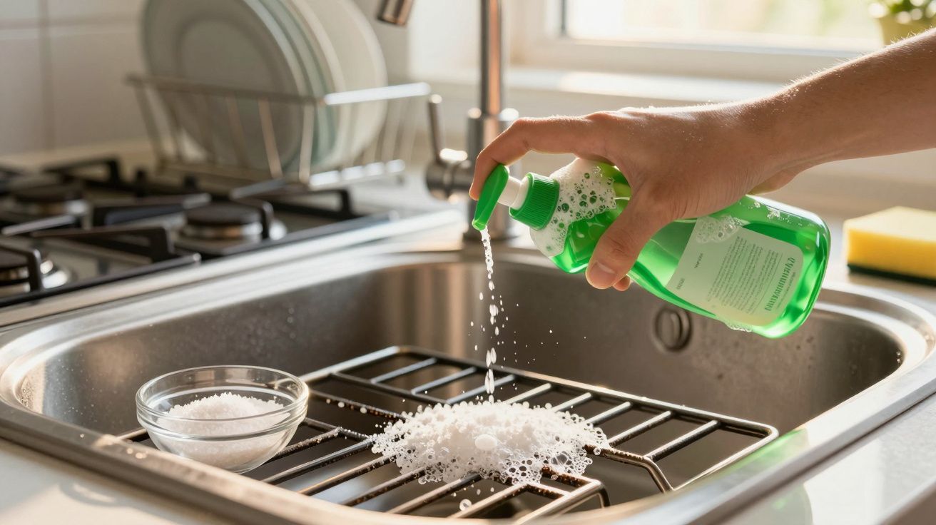 Mão a aplicar detergente líquido verde numa grelha metálica dentro de uma pia de cozinha.