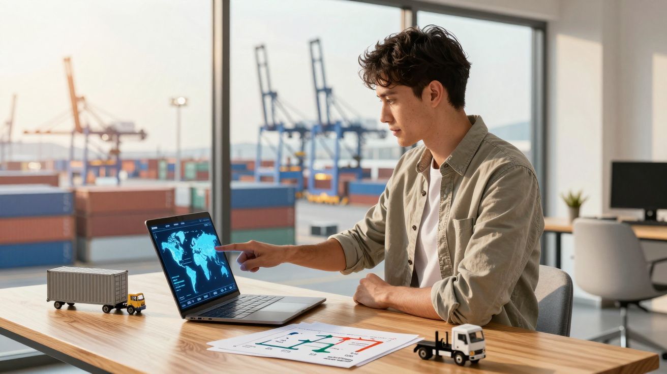 Homem a trabalhar numa mesa com portátil a mostrar mapa e miniaturas de camiões, junto a contentores portuários.