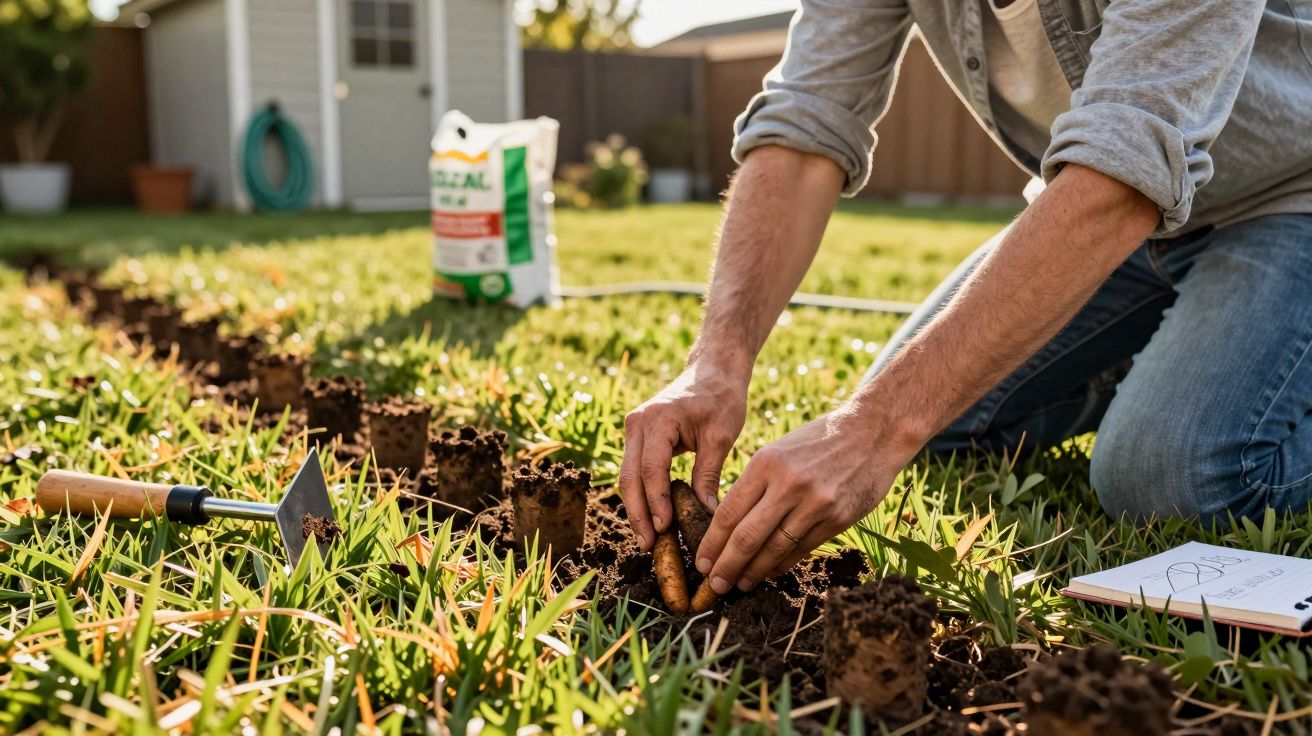 Pessoa a plantar cenouras num jardim, rodeada por relva e ferramentas de jardinagem.