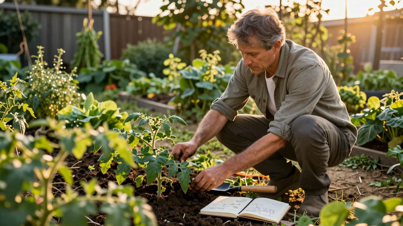Homem a cuidar de planta num jardim, com caderno aberto e pequenas ferramentas na terra.