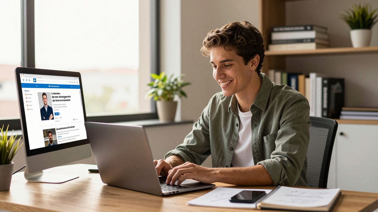 Jovem sorridente a trabalhar num portátil numa secretária organizada numa sala luminosa com plantas e livros.