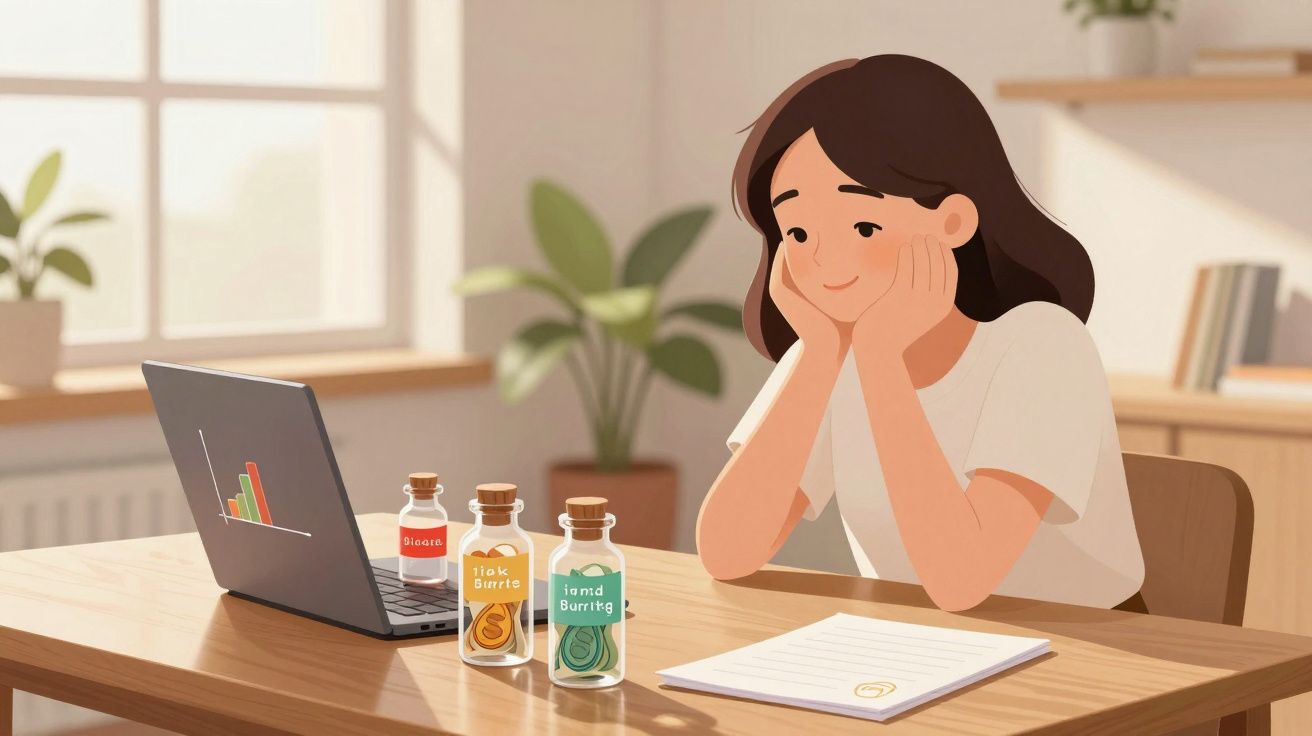 Pessoa sentada à mesa com portátil, garrafas coloridas e papel, num ambiente iluminado e tranquilo.