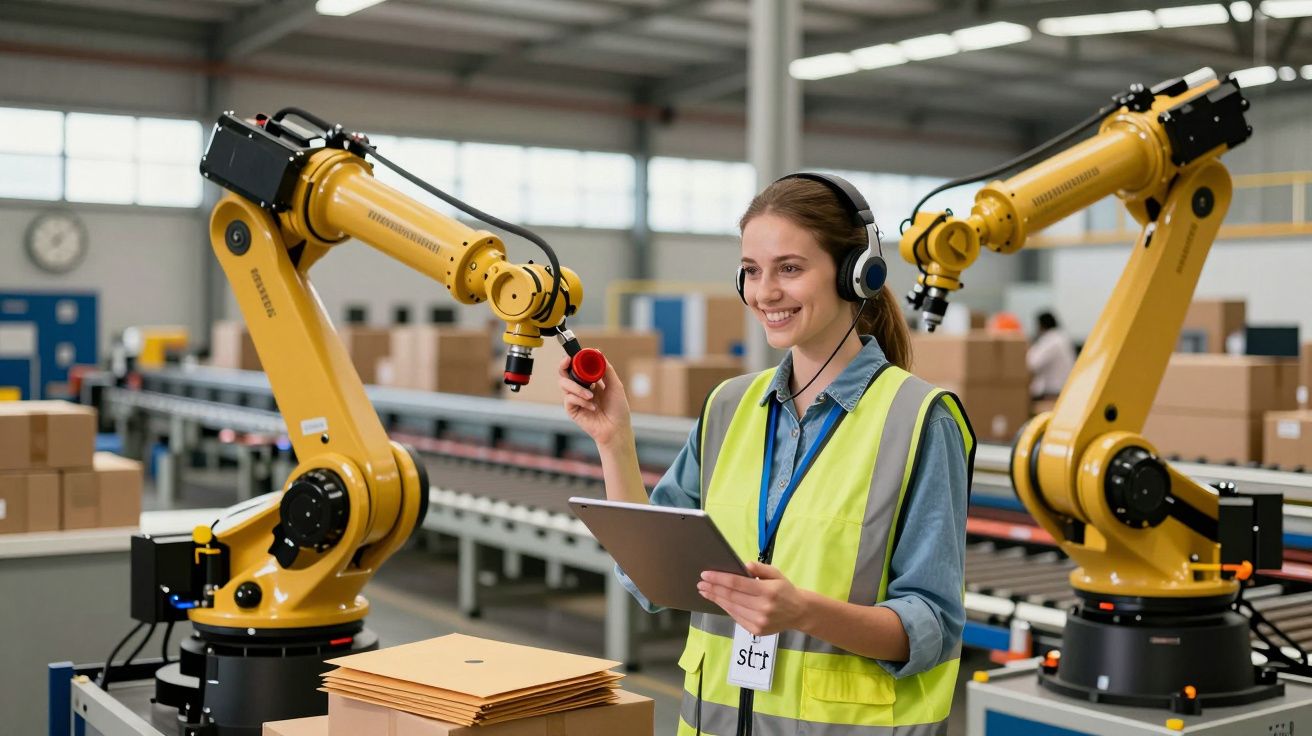 Mulher com colete de segurança controla robôs industriais amarelos numa fábrica moderna com tablet e headset.