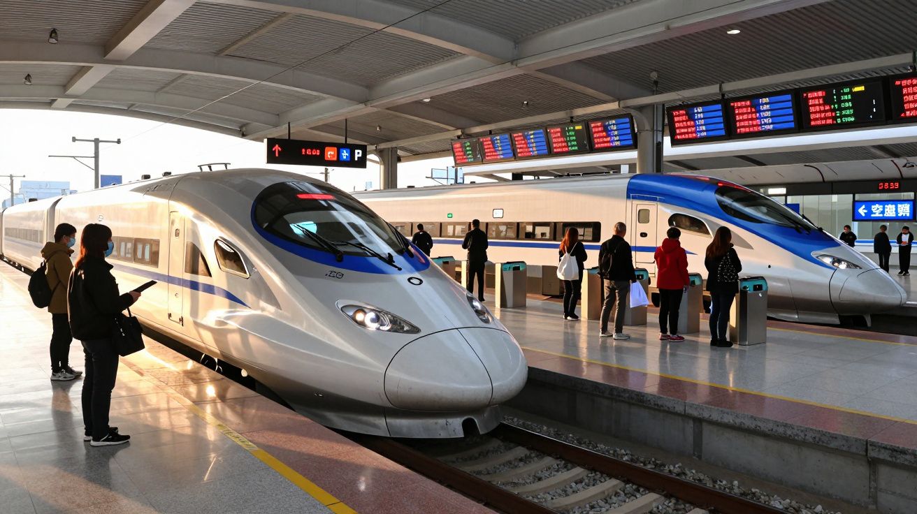Duas pessoas em plataforma de estação junto a comboios de alta velocidade modernos com ecrãs de informação digitais.