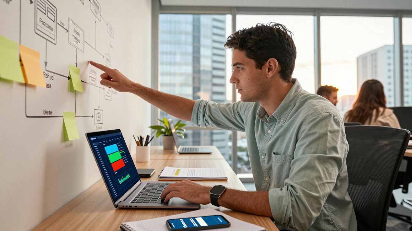 Homem a trabalhar em computador e a apontar para um fluxograma numa parede de escritório moderno.