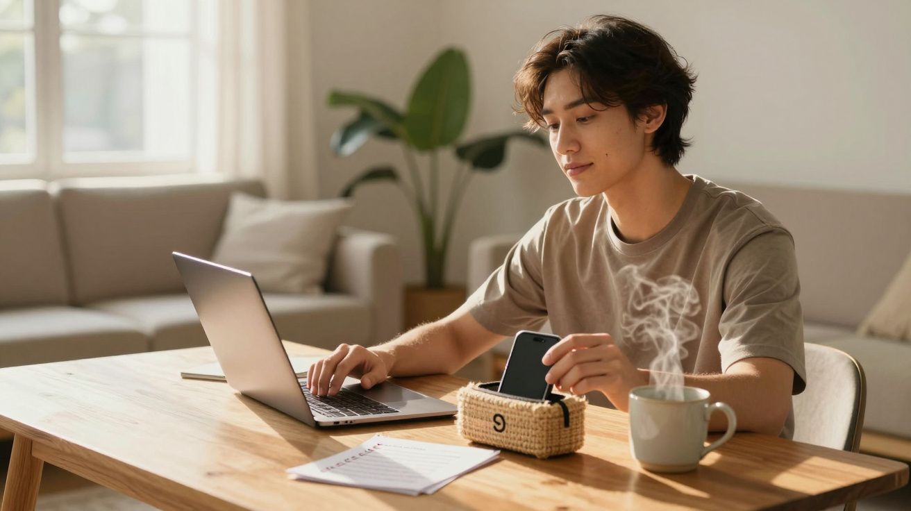 Jovem sentado a trabalhar num portátil numa mesa de madeira com chá quente e telemóvel.