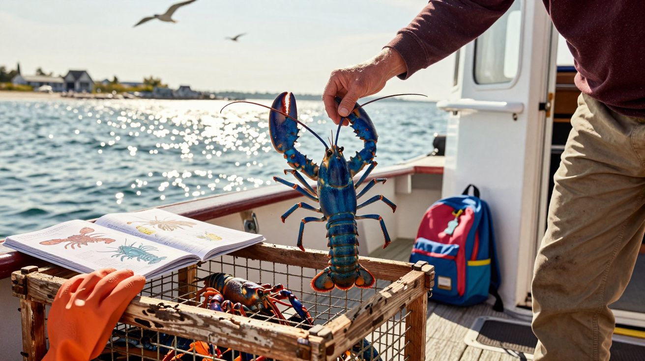 Homem segura lagosta azul recém-apanhada a bordo de barco de pesca no mar calmo.