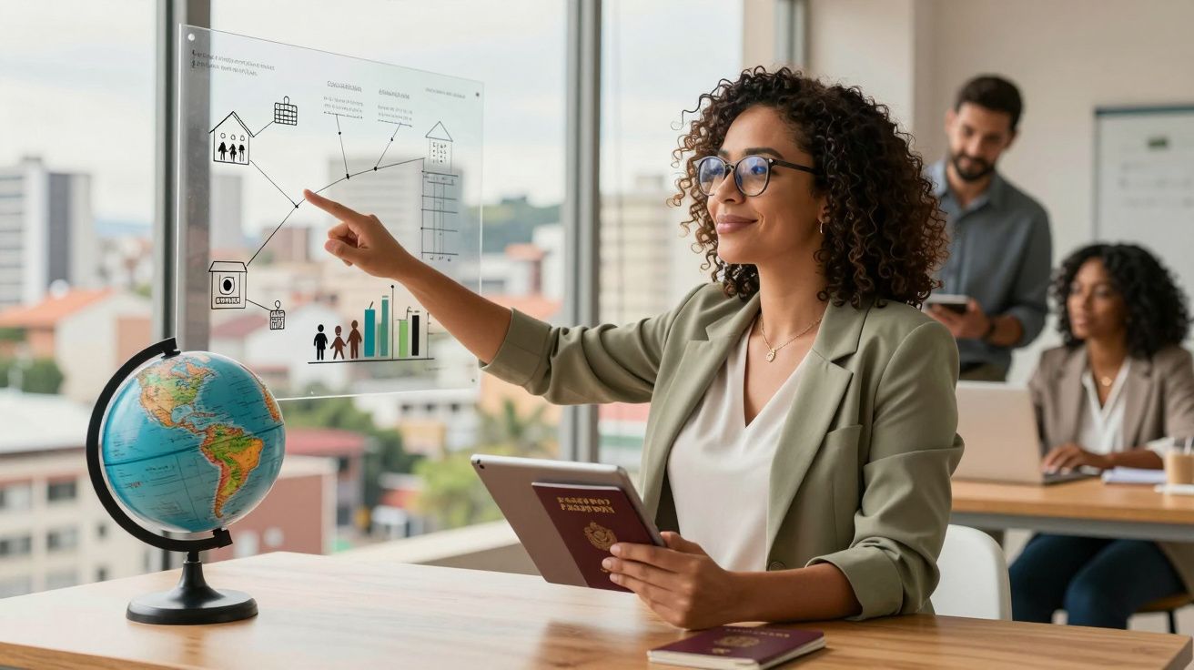 Mulher aponta para gráfico transparente numa sala enquanto segura passaporte, com globo terrestre e pessoas ao fundo.