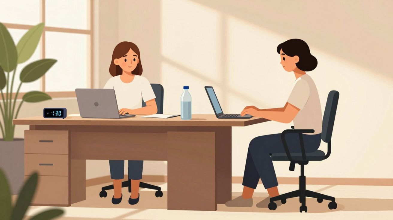 Duas mulheres sentadas em cadeiras a trabalhar em computadores portáteis numa mesa numa sala iluminada.