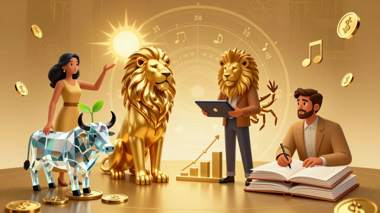 Pessoa e leões dourados em cenário financeiro com gráficos, moedas e livros abertos, simbolizando investimento e estudo.