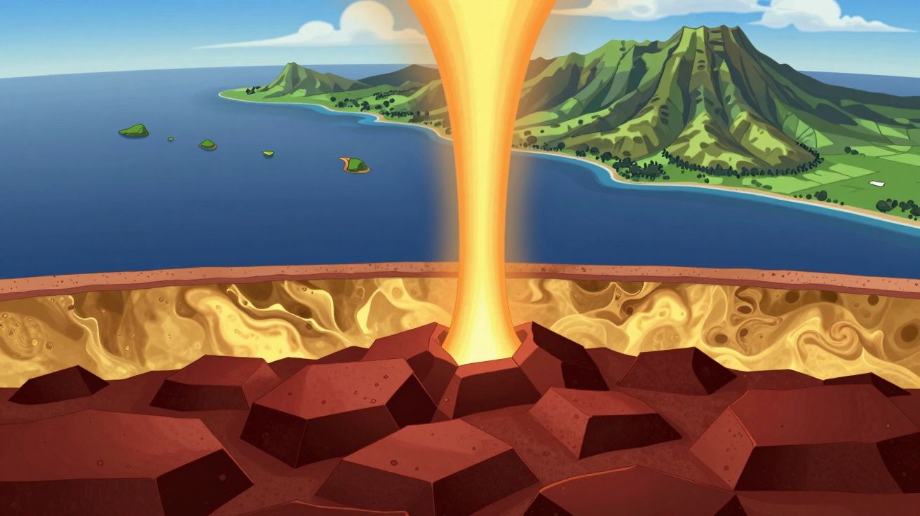 Erupção vulcânica com lava a sair do vulcão junto ao mar e uma ilha verde ao fundo sob céu azul.