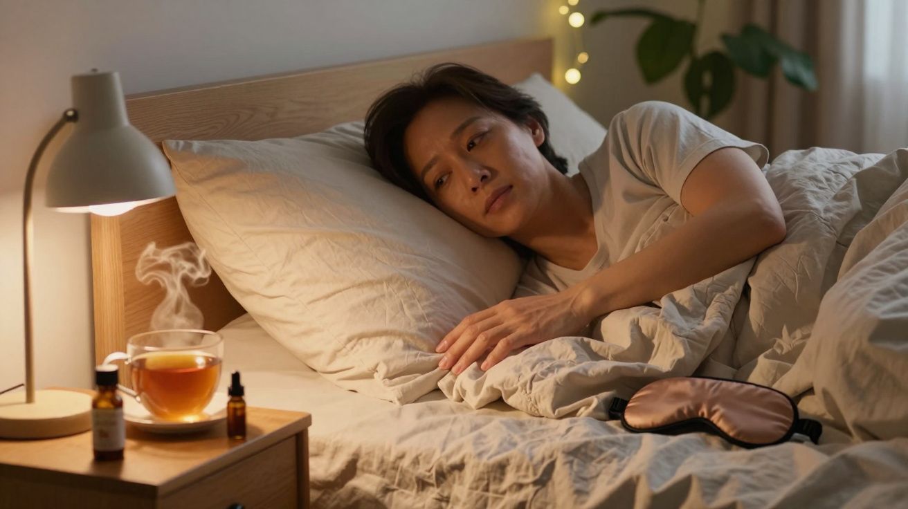 Mulher deitada na cama, olhar pensativo, ao lado chá quente e frascos de remédio na mesa de cabeceira.