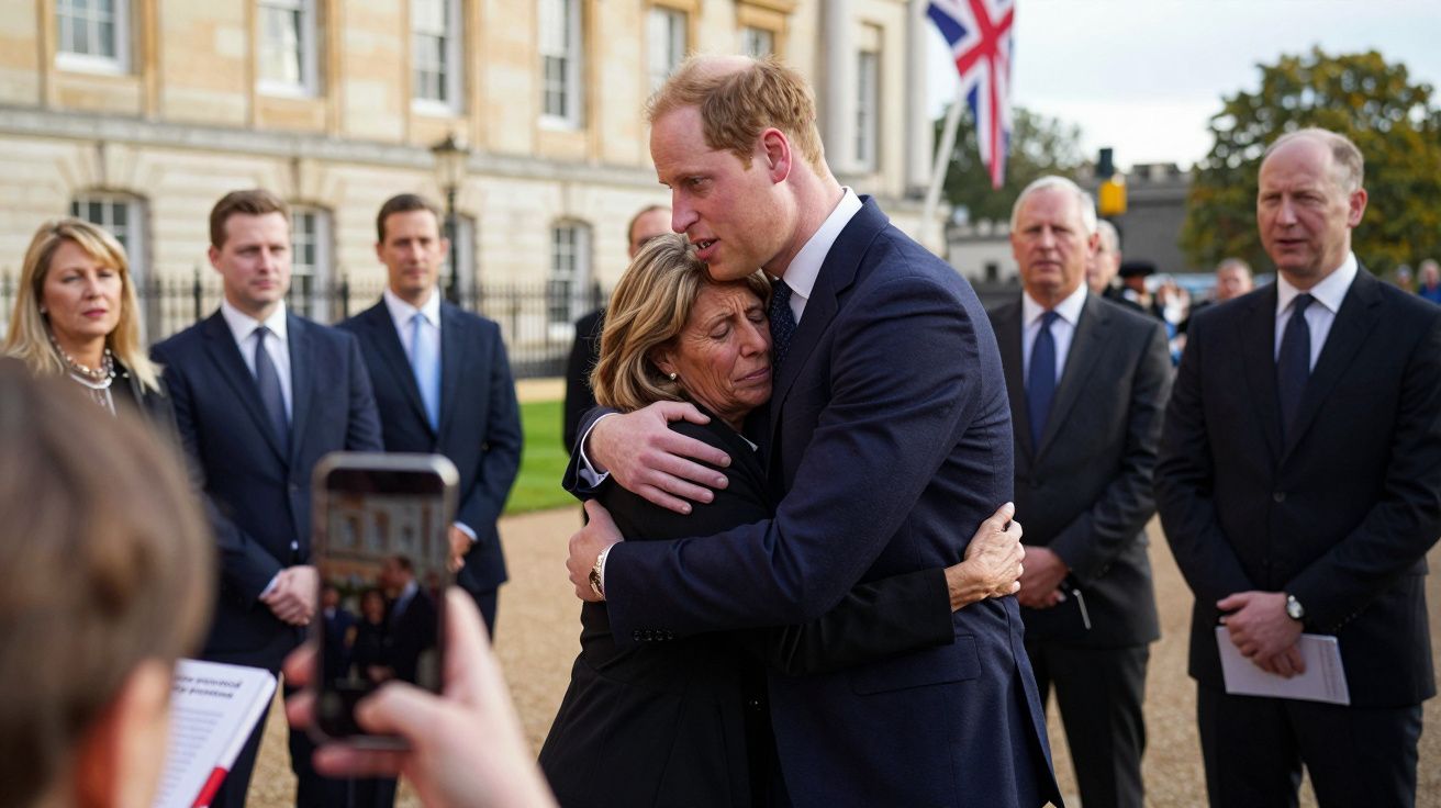Homem de terno abraça mulher emocionada em cerimónia ao ar livre, com várias pessoas ao fundo.