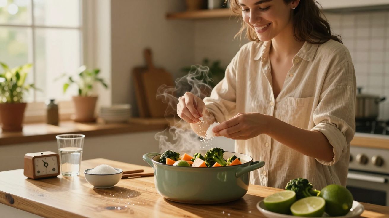 Mulher jovem tempera legumes frescos numa panela verde na cozinha iluminada pela luz natural.