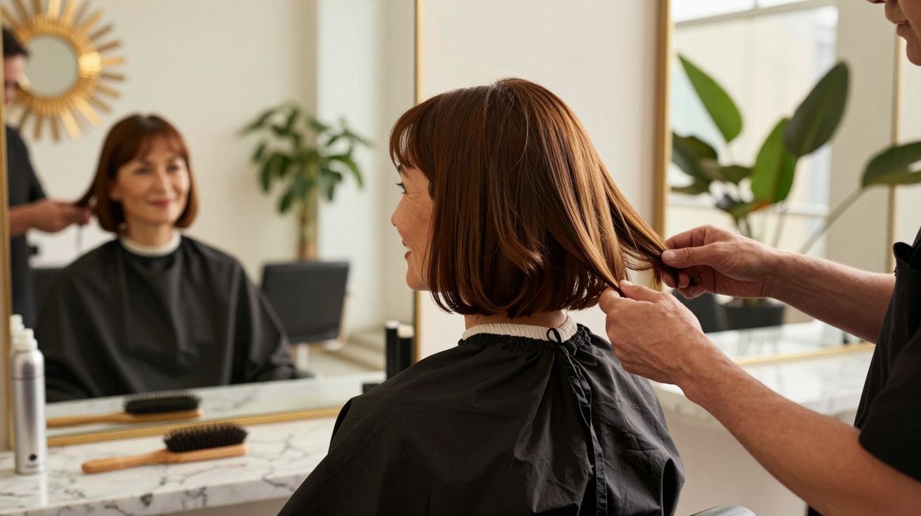 Mulher sorridente no cabeleireiro com capa preta, cabelo castanho sendo preparado pelo cabeleireiro.