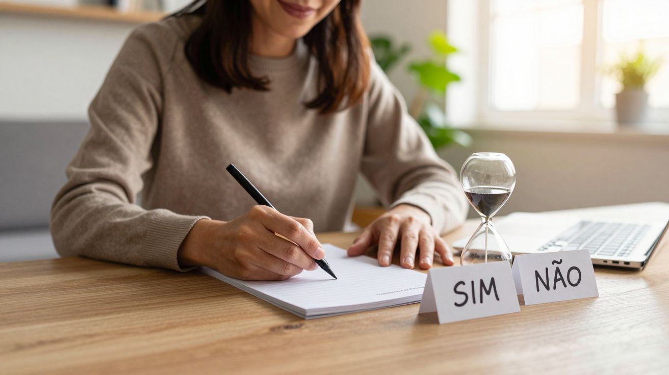 Mulher a escrever num bloco de notas com um relógio de areia e cartões de "Sim" e "Não" na mesa.