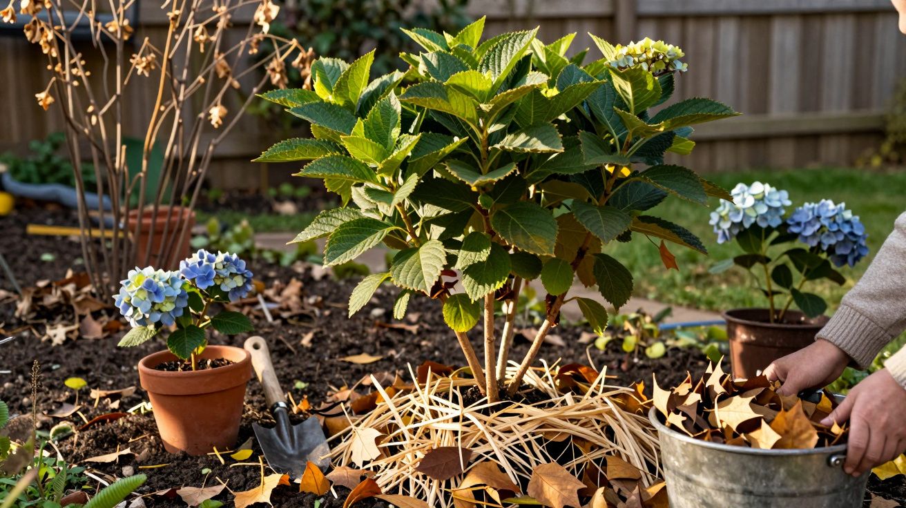 Pessoa a colocar folhas secas junto a uma planta em jardim com vasos de hortênsias azuis.