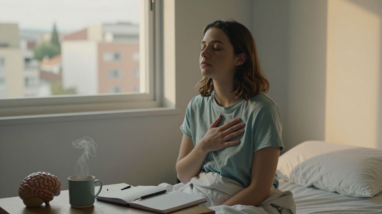 Mulher sentada na cama com mão no peito, olhos fechados, mesa com caderno, caneta, chá e modelo de cérebro.