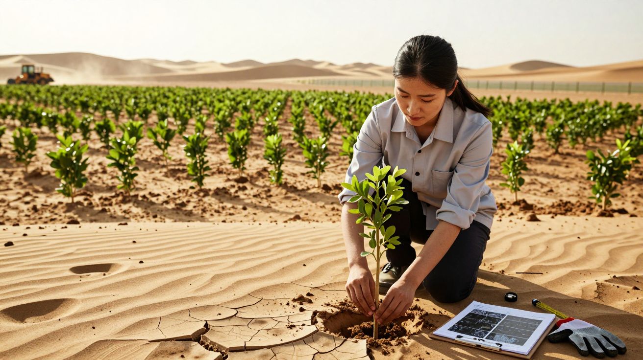 Mulher a plantar mudas em solo árido de deserto com dunas ao fundo, usando registo e luvas ao lado.