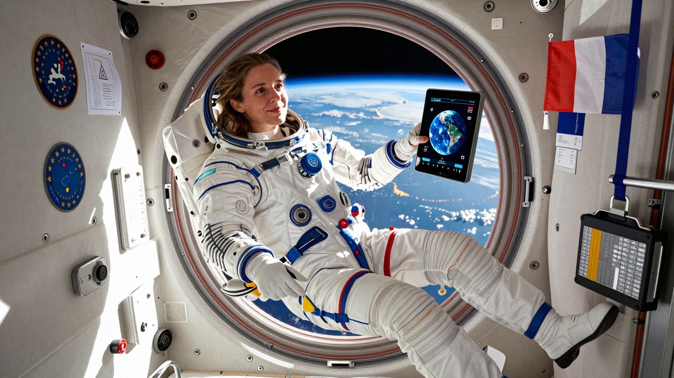 Astronauta em fato espacial dentro de estação orbital, a segurar tablet com imagem da Terra visível pela janela.