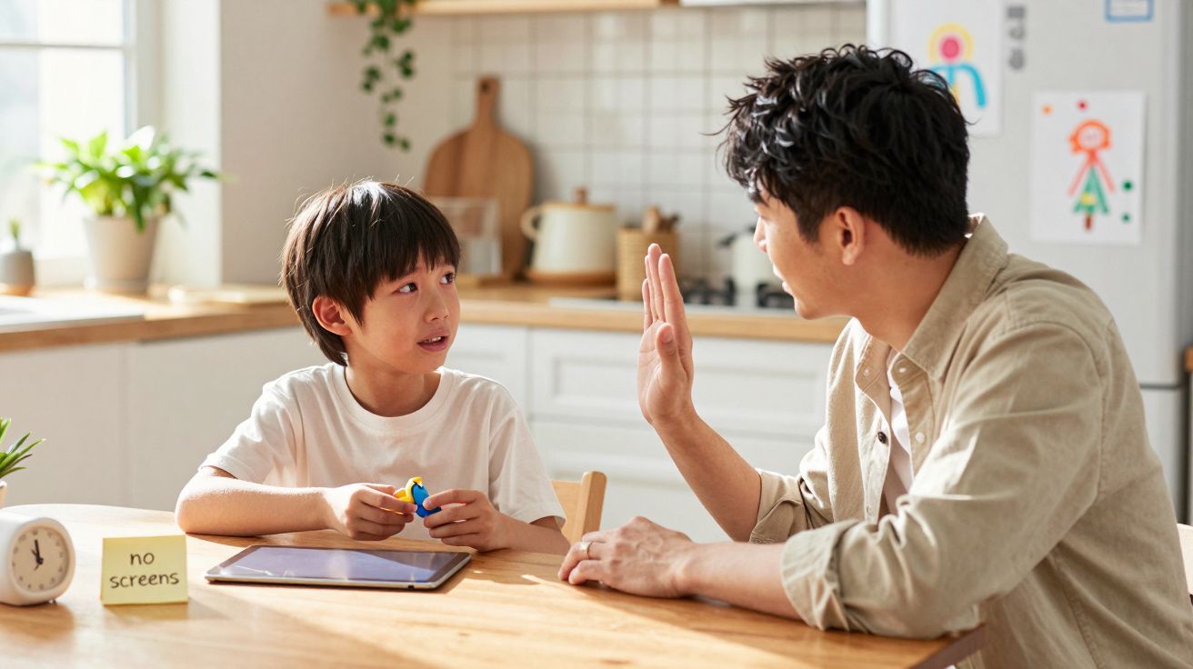 Pai e filho sentados à mesa da cozinha num momento de conversa, com um tablet e um aviso "no screens" visível.