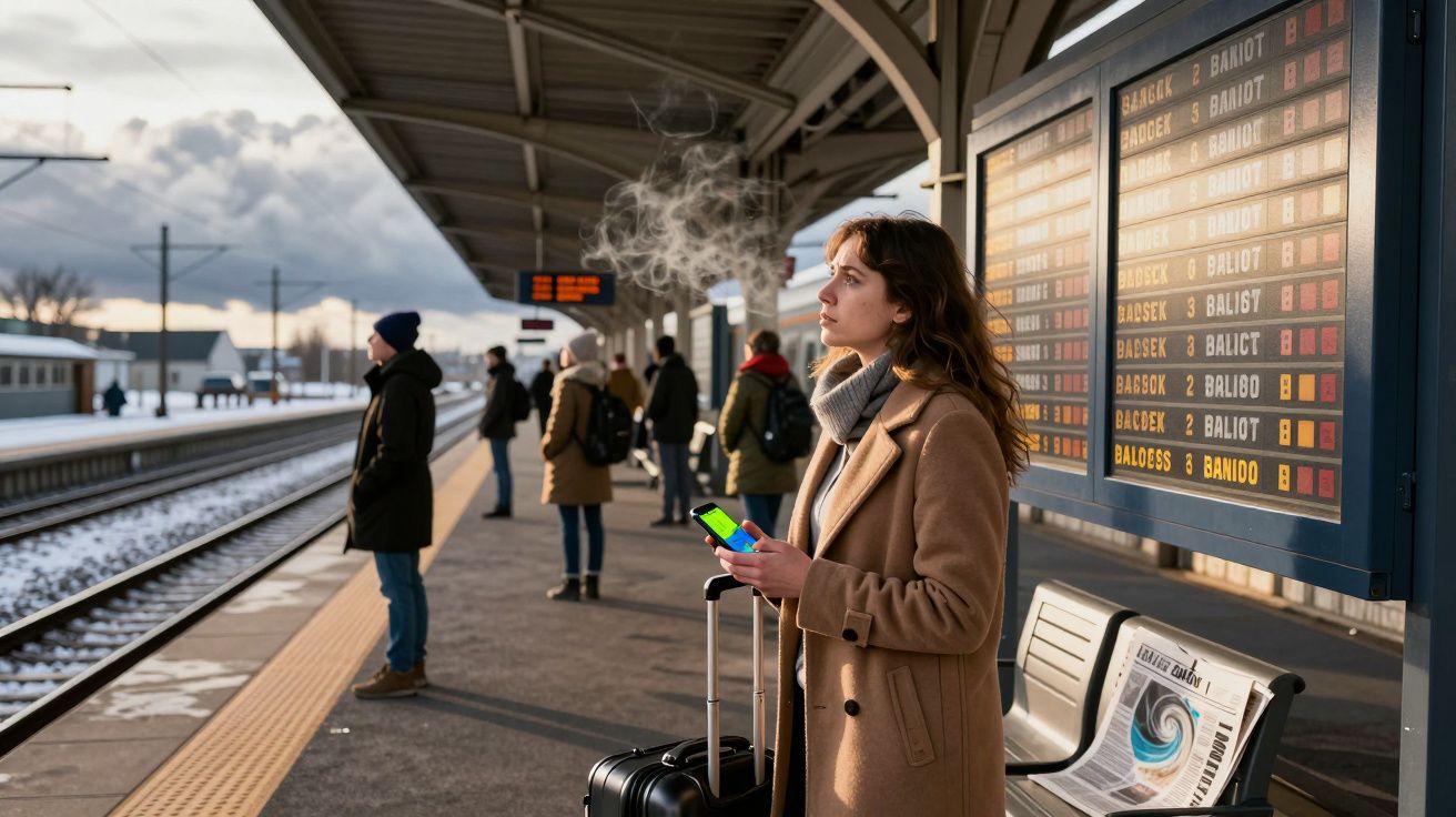 Mulher com casaco e mala a aguardar comboio numa estação com outras pessoas e painel de horários.