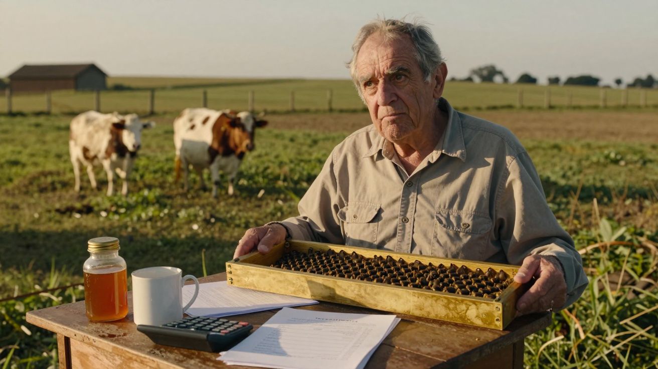 Homem idoso com ábaco numa mesa ao ar livre numa quinta com vacas ao fundo e jarra de mel.