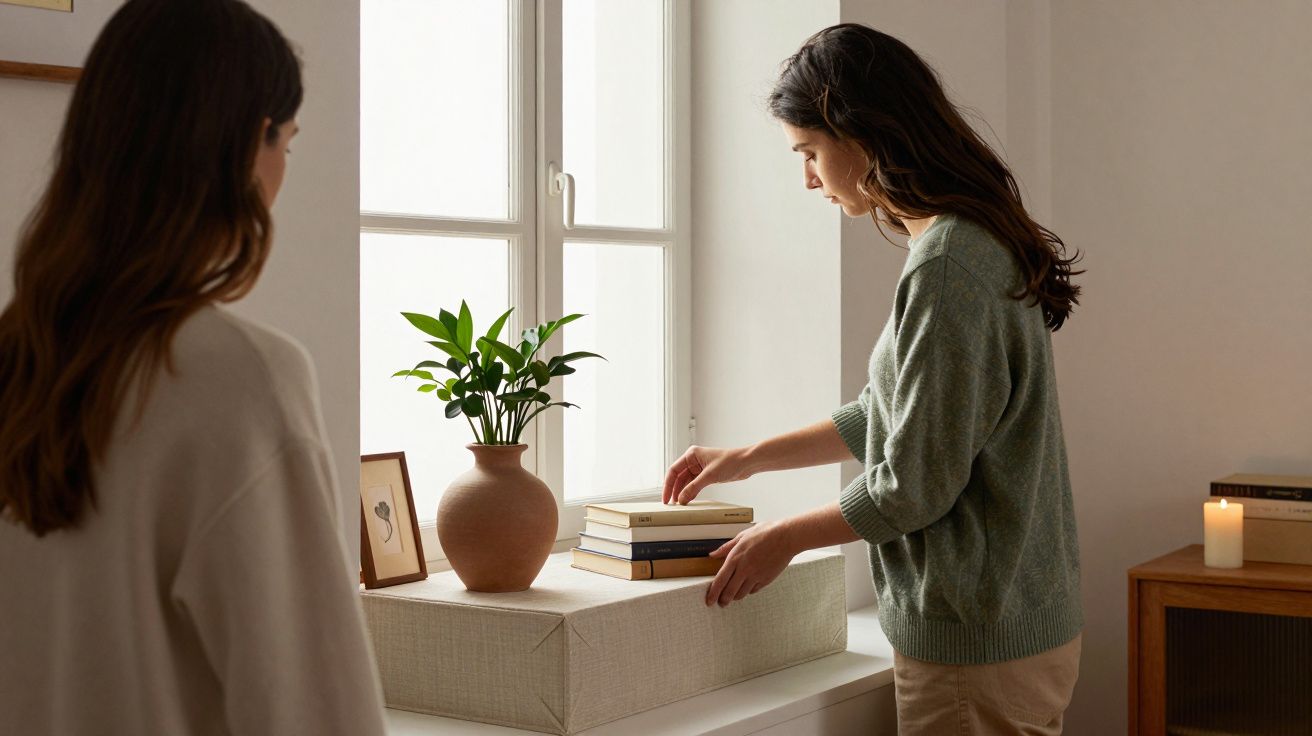Mulher organiza livros junto a janela com vaso e vela, outra observa desfocada em quarto iluminado.