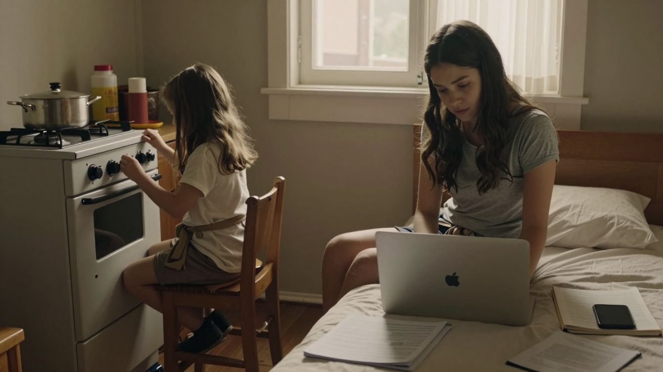 Menina ajusta o fogão enquanto mulher trabalha num portátil sentada na cama de um quarto iluminado pela janela.