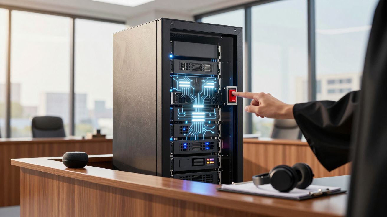 Pessoa a carregar num botão vermelho num servidor de dados num escritório moderno.