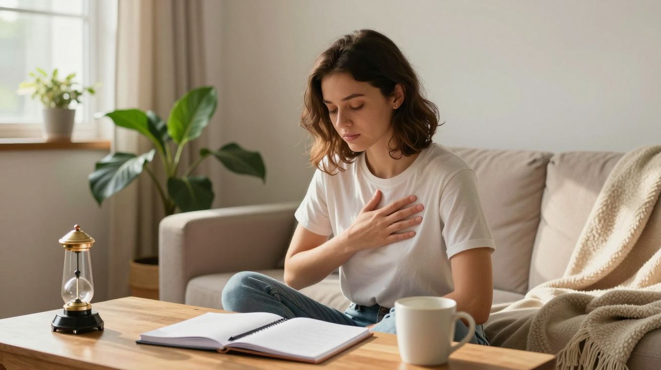 Mulher sentada no sofá com a mão no peito, lendo e com caneca e caderno numa mesa de madeira.