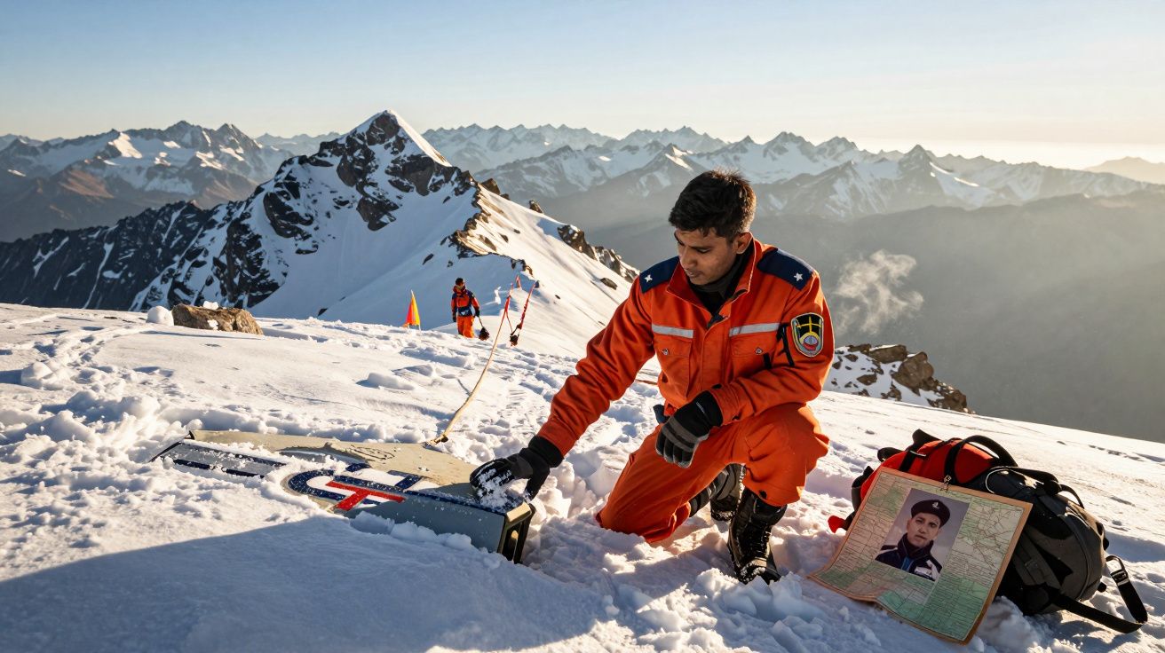 Homem em uniforme de resgate em montanha nevada, segurando objeto na neve, com foto e mochila ao lado.