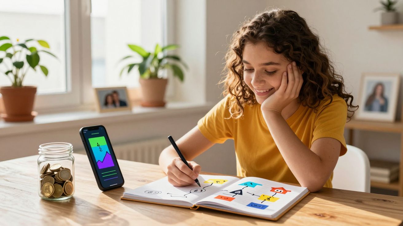 Rapariga sorridente a desenhar figuras coloridas num caderno, com smartphone e frasco de moedas na mesa.