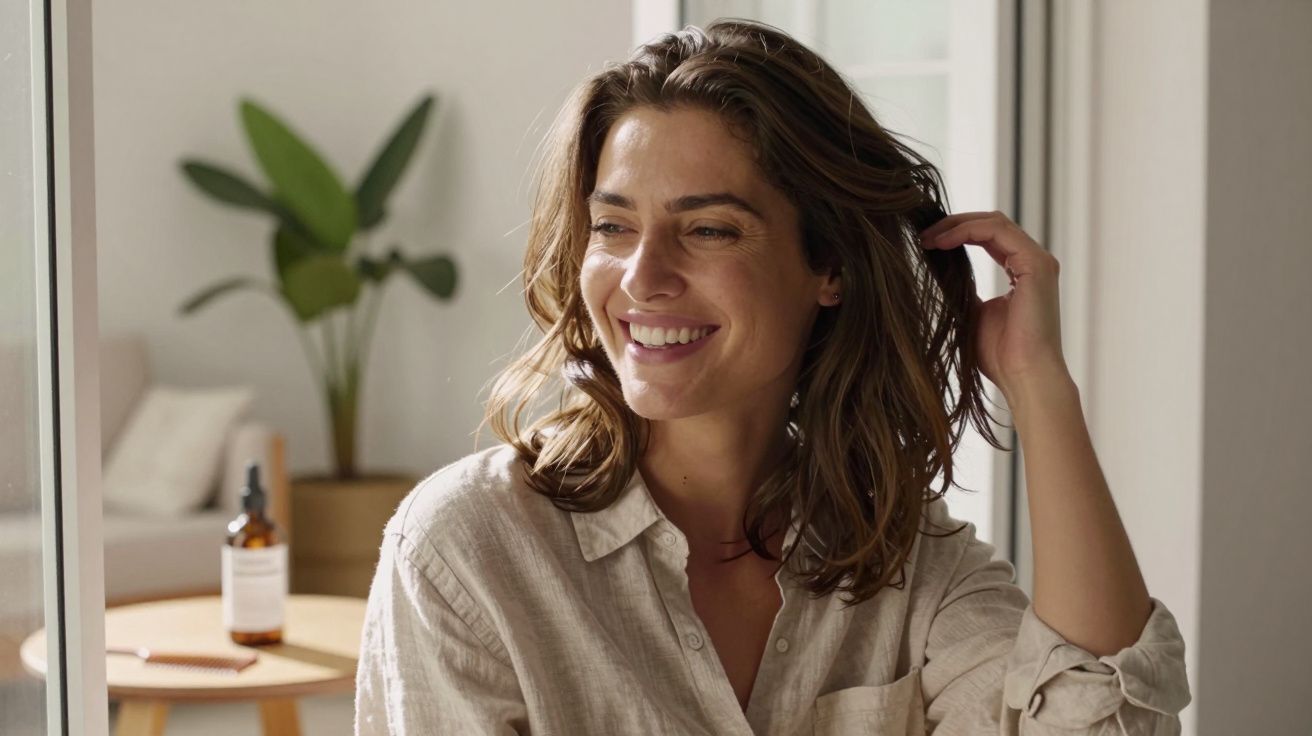 Mulher sorridente com cabelo solto, camisa bege, sentada junto a uma janela, com planta ao fundo.