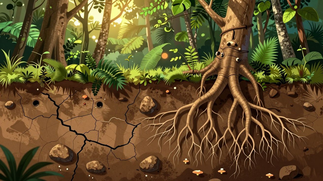 Floresta com árvores, raízes expostas no solo e vegetação densa com luz solar ao fundo.