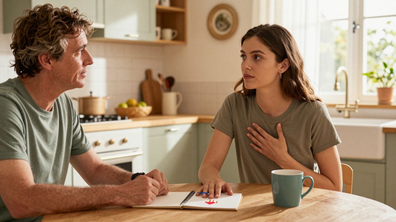 Homem e mulher conversam seriamente à mesa de cozinha com caderno e caneca à frente.