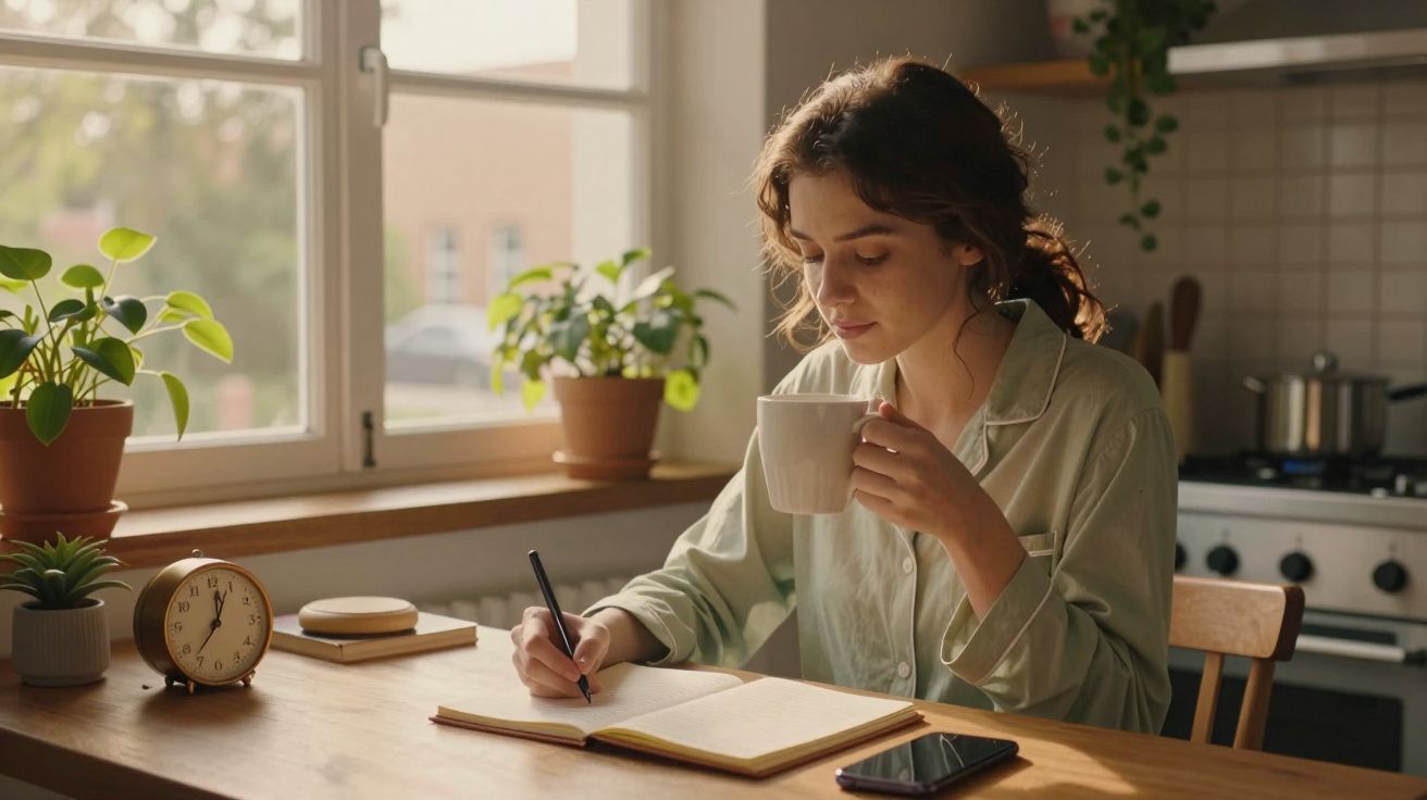 Mulher sentada numa mesa de cozinha a beber de uma caneca e a escrever num caderno, luz natural na janela.