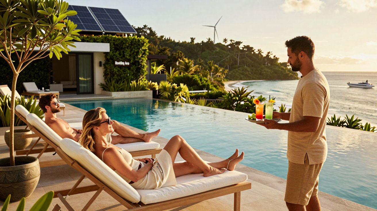 Casal relaxa em espreguiçadeiras junto a piscina com vista para o mar e um empregado serve bebidas.
