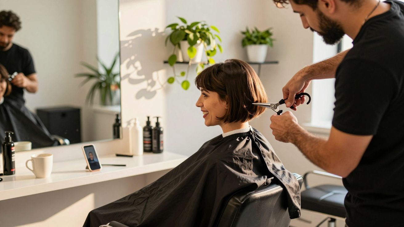 Homem corta cabelo de mulher sorridente num salão de cabeleireiro iluminado e decorado com plantas.