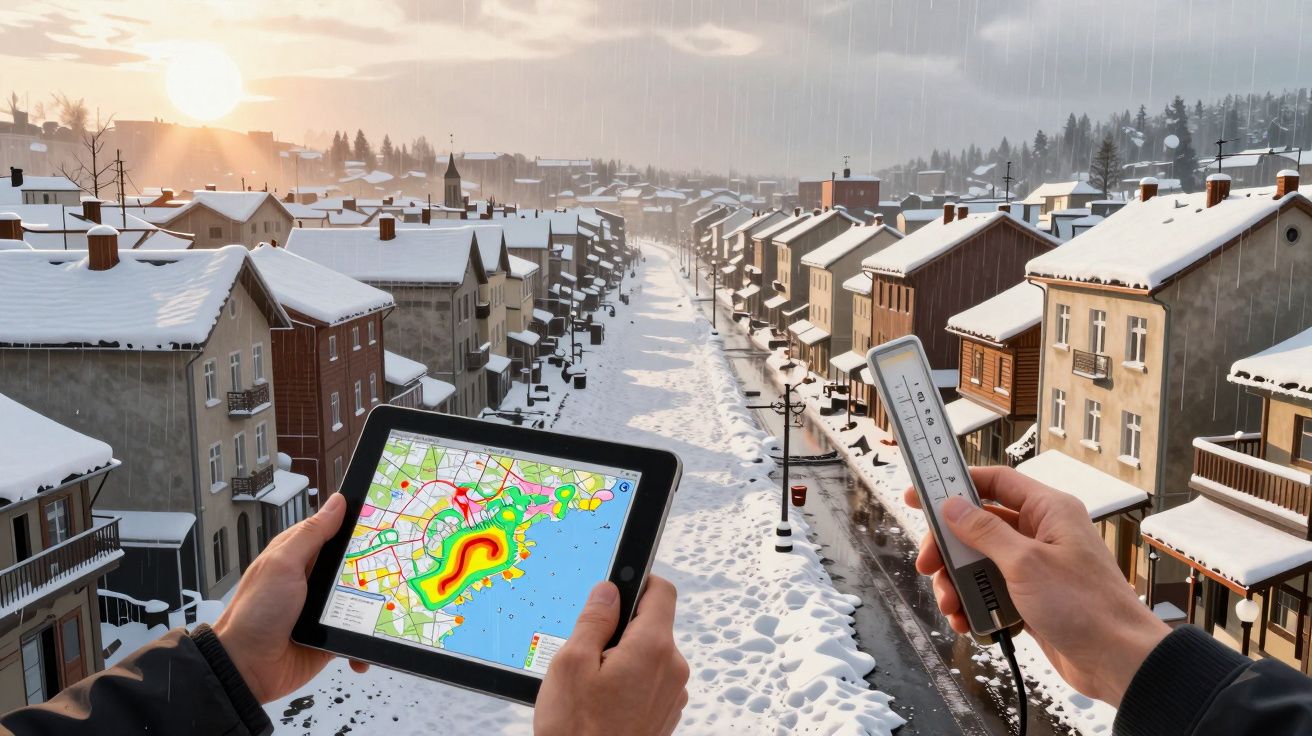 Pessoa segura tablet com mapa meteorológico e termómetro digital numa rua coberta de neve ao pôr do sol.