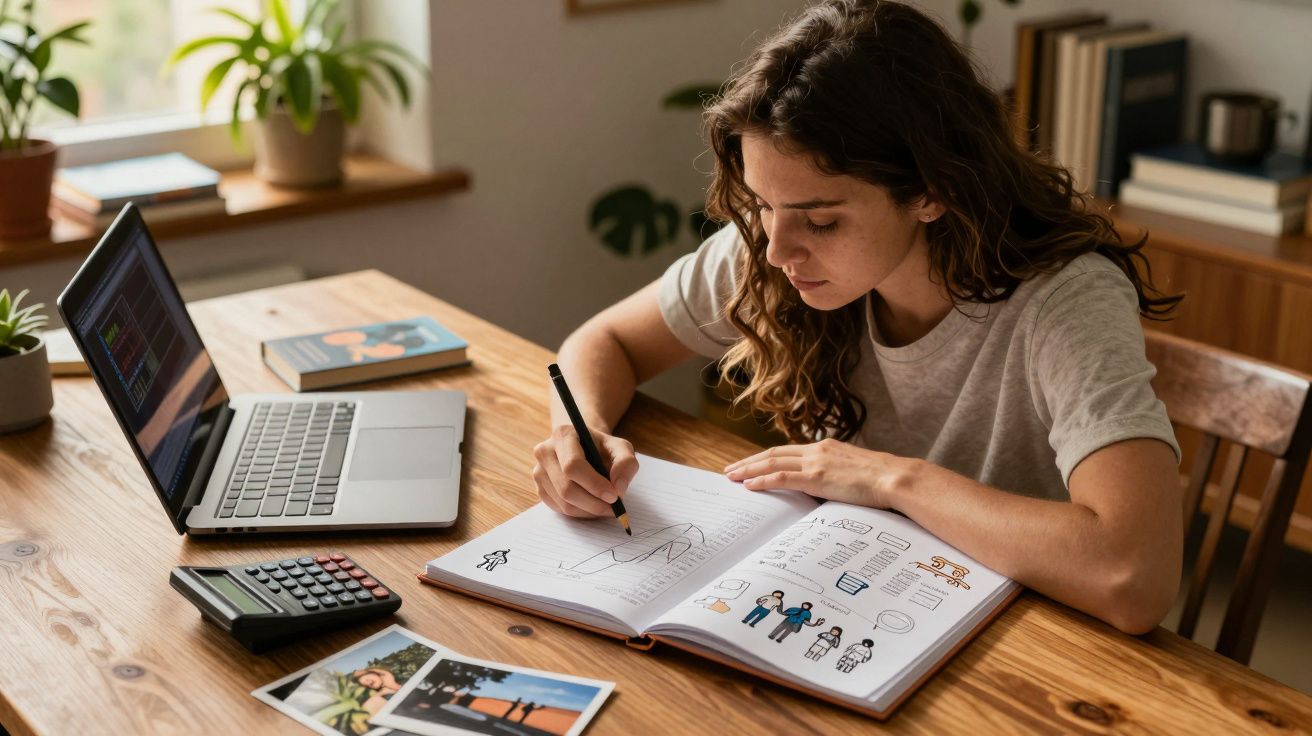 Jovem a desenhar gráficos e figuras num caderno, sentado numa mesa de madeira com portátil e calculadora.