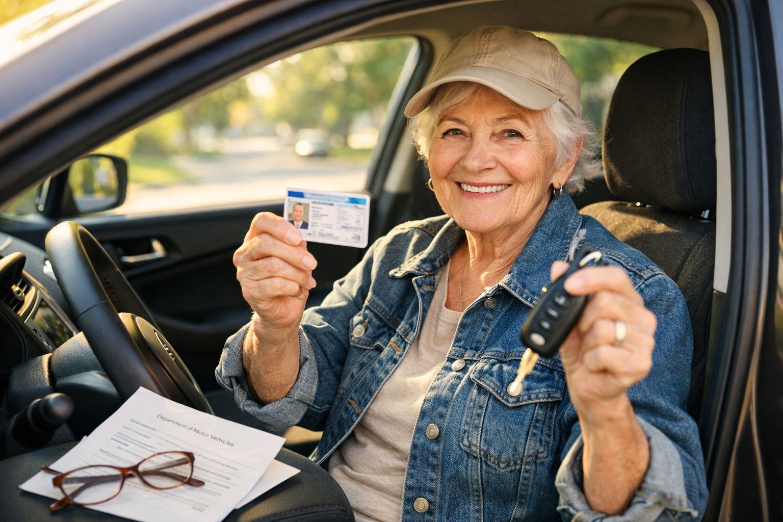 Mulher idosa sorridente sentada no carro a mostrar carta de condução e chave do veículo.