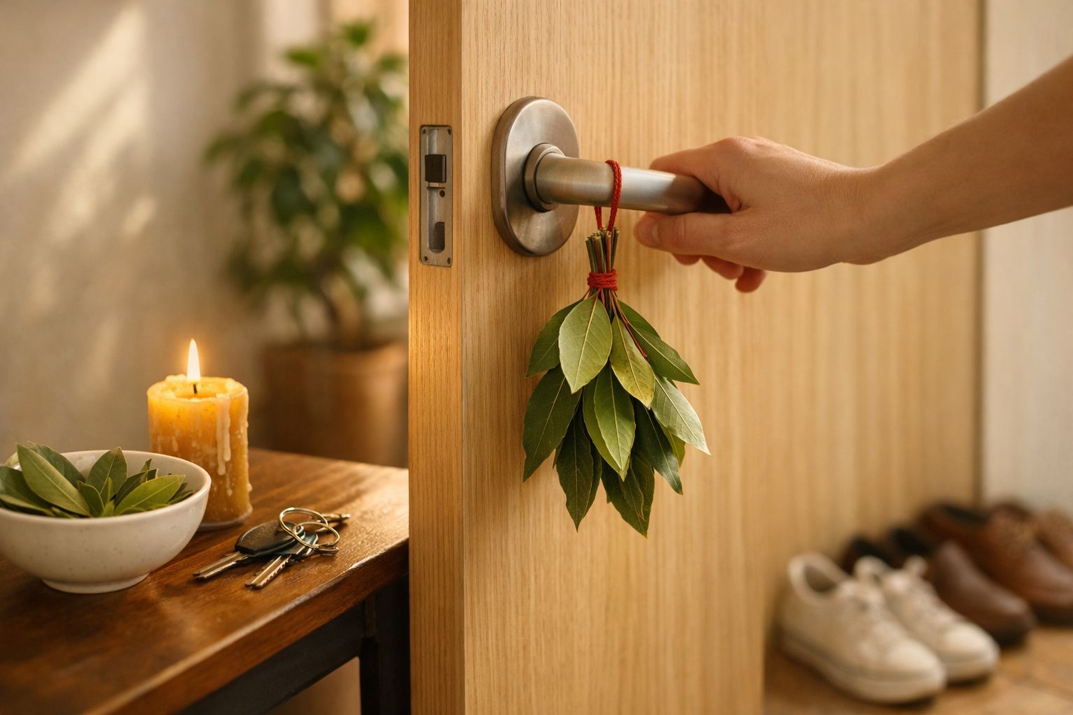 Mão a abrir porta de madeira com ramo de louro pendurado na maçaneta e vela acesa junto a chaves.