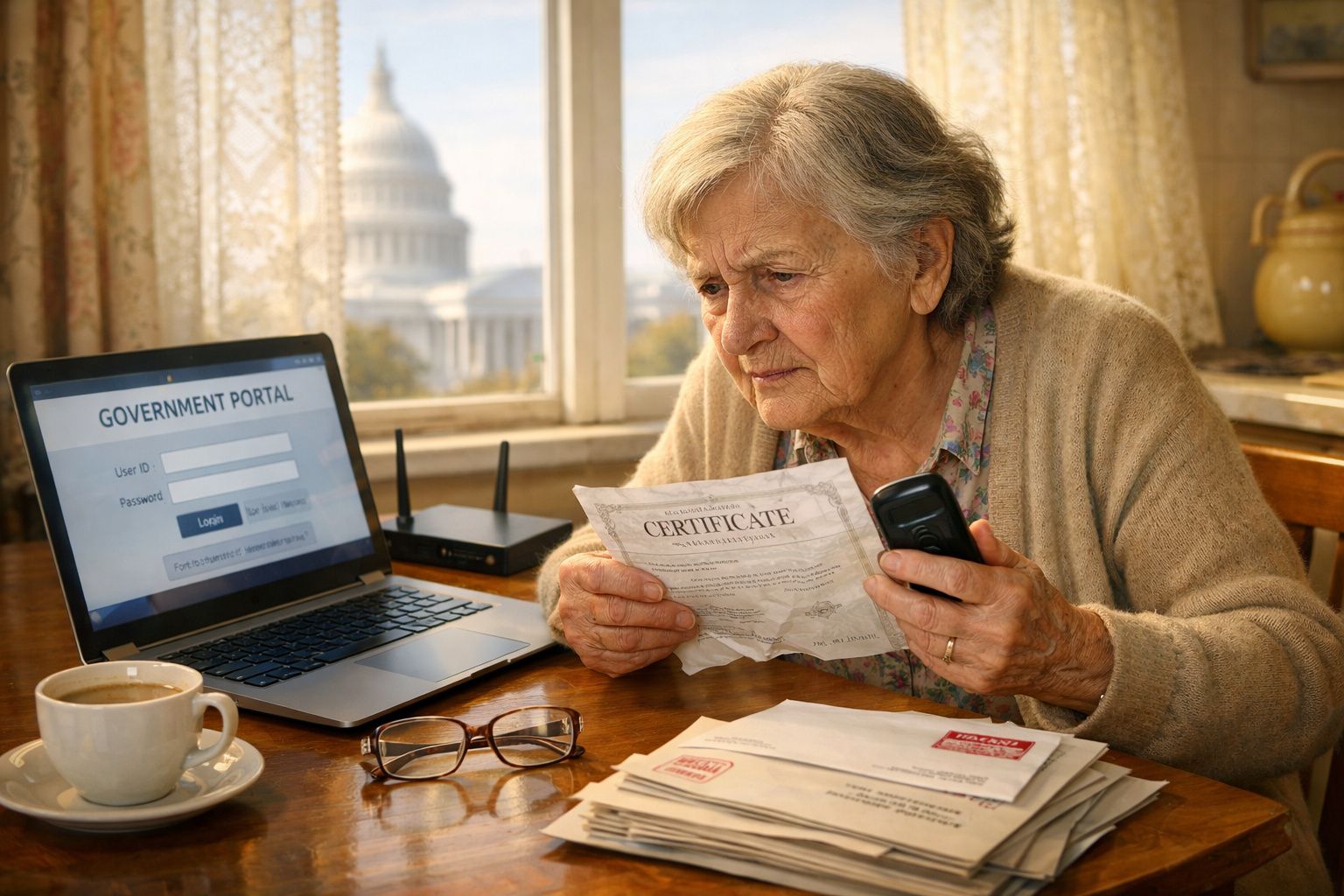 Idosa analisa certificado com telemóvel ao lado, num ambiente doméstico com portátil aberto em portal governamental.