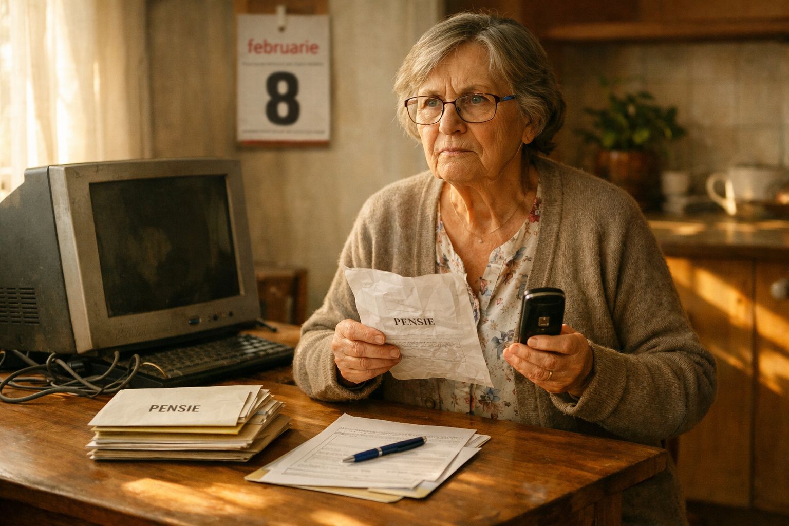 Senhora idosa sentada à mesa a ler carta sobre pensão, com telefone e computador antigo ao fundo.