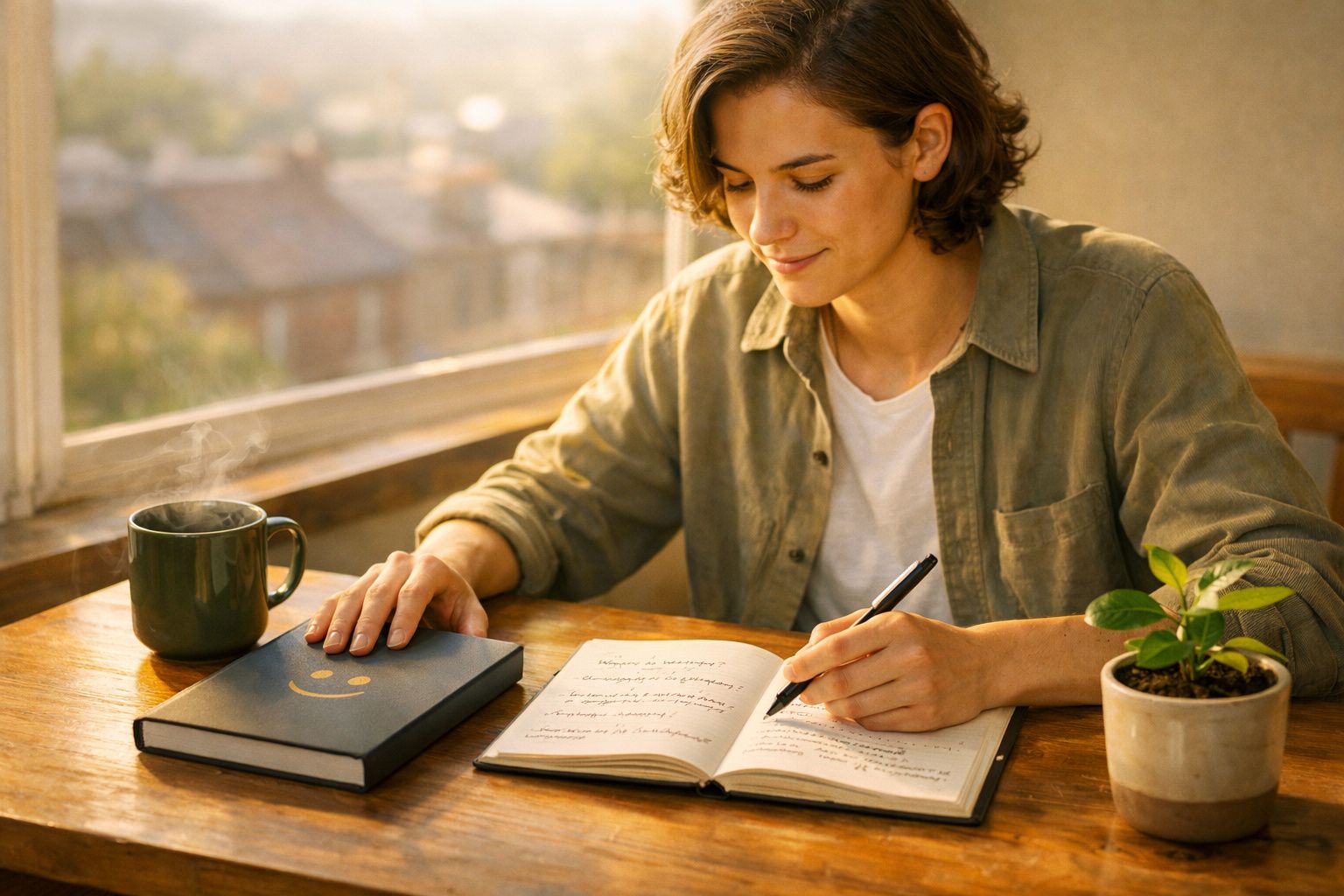 Mulher a escrever num caderno junto a uma mesa com caneca de chá, livro e planta, luz natural entra pela janela.
