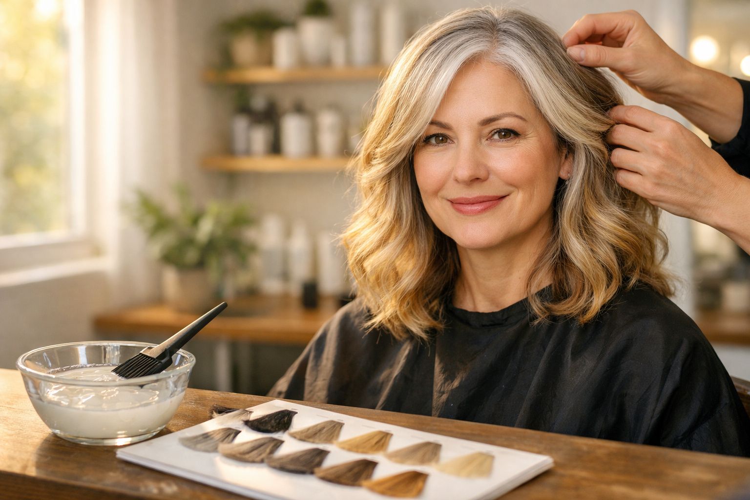 Mulher sorridente a receber coloração de cabelo num salão de cabeleireiro, com amostras de tintas à frente.
