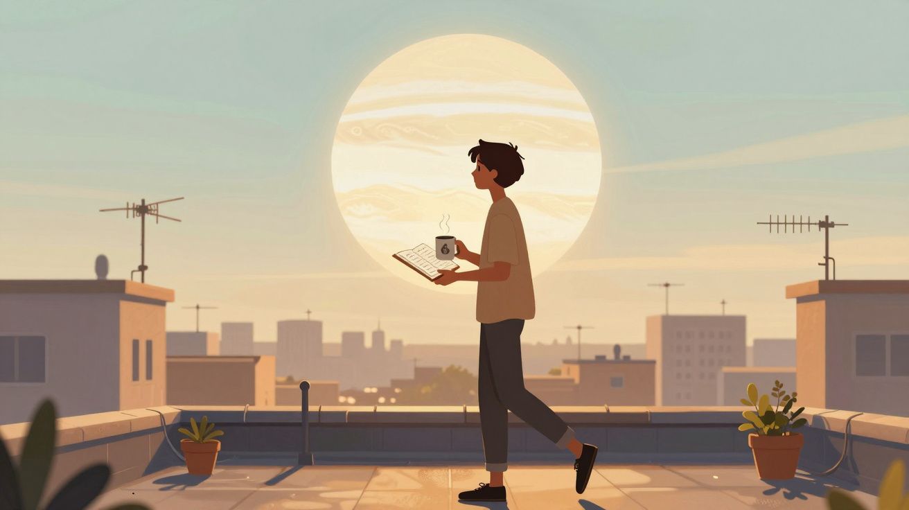 Pessoa a caminhar num terraço ao pôr do sol, com chávena e livro na mão, cidade ao fundo.