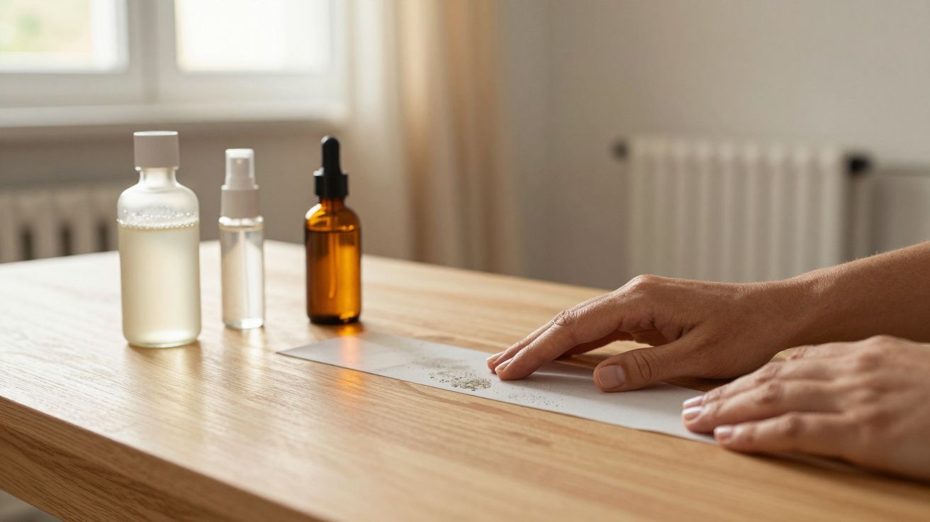 Mãos a espalhar pó de incenso sobre carvão em papel, com frascos de óleos essenciais numa mesa de madeira.