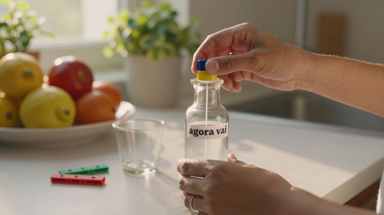 Mãos seguram e abrem frasco com etiqueta "agora vai" numa cozinha iluminada com frutas num prato ao fundo.